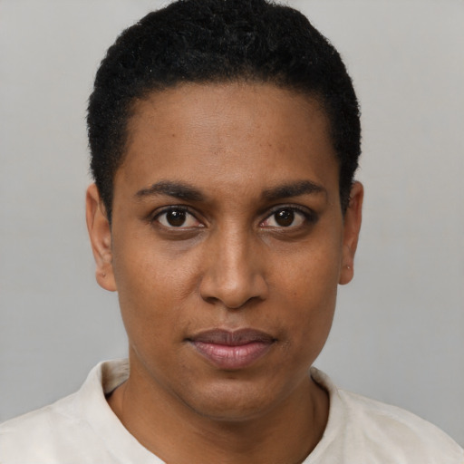 Joyful black young-adult female with short  black hair and brown eyes