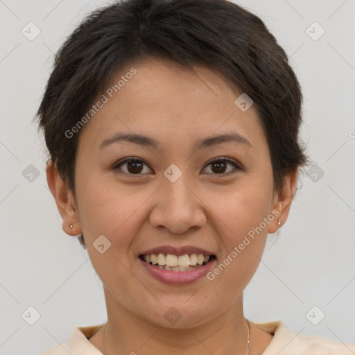 Joyful white young-adult female with short  brown hair and brown eyes