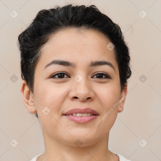 Joyful asian young-adult female with short  brown hair and brown eyes