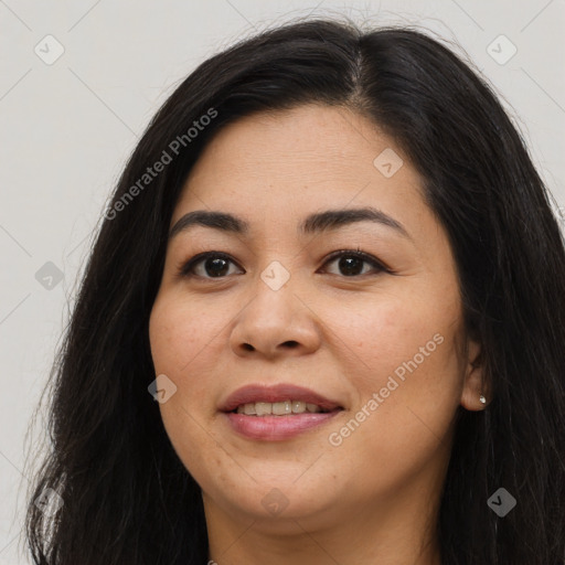 Joyful asian young-adult female with long  brown hair and brown eyes