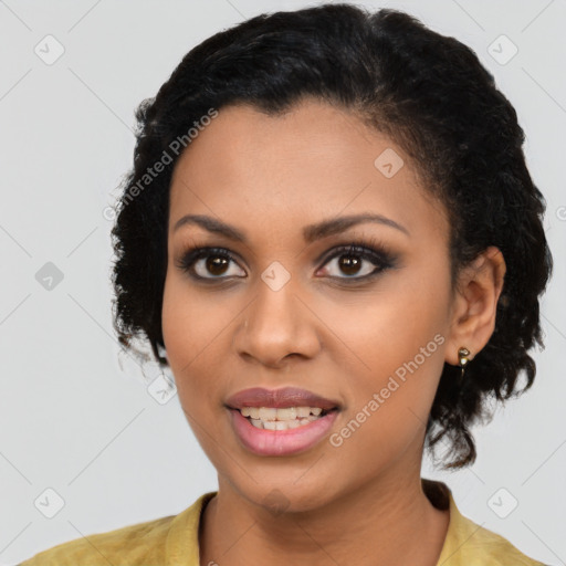 Joyful latino young-adult female with short  black hair and brown eyes