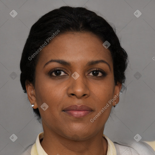 Joyful black young-adult female with short  brown hair and brown eyes