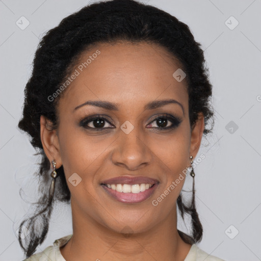 Joyful black young-adult female with long  brown hair and brown eyes