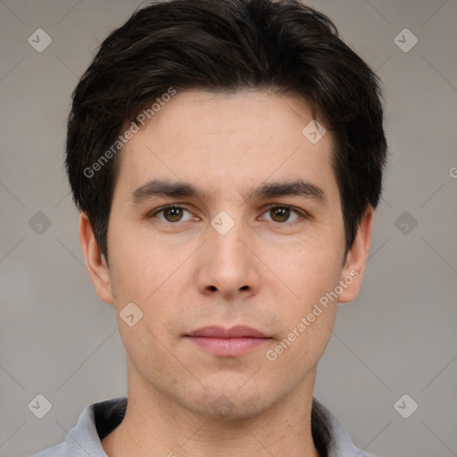 Neutral white young-adult male with short  brown hair and brown eyes