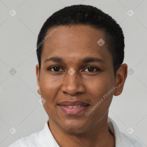 Joyful black adult male with short  black hair and brown eyes