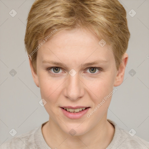 Joyful white young-adult female with short  brown hair and grey eyes