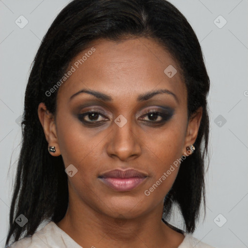Neutral black adult female with medium  brown hair and brown eyes