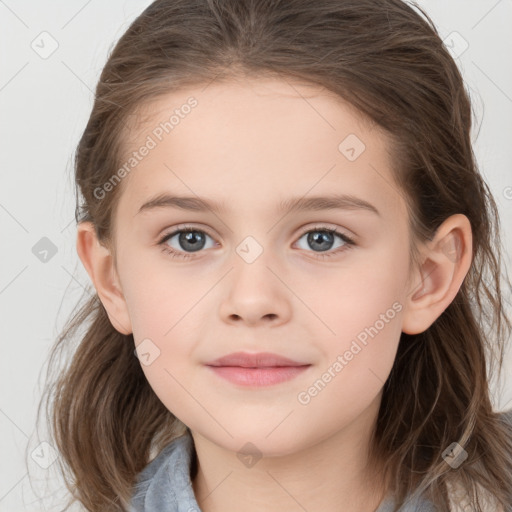 Joyful white child female with medium  brown hair and brown eyes