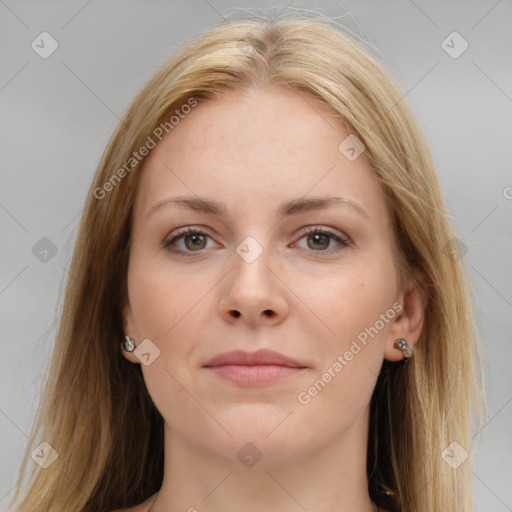 Joyful white young-adult female with long  brown hair and grey eyes