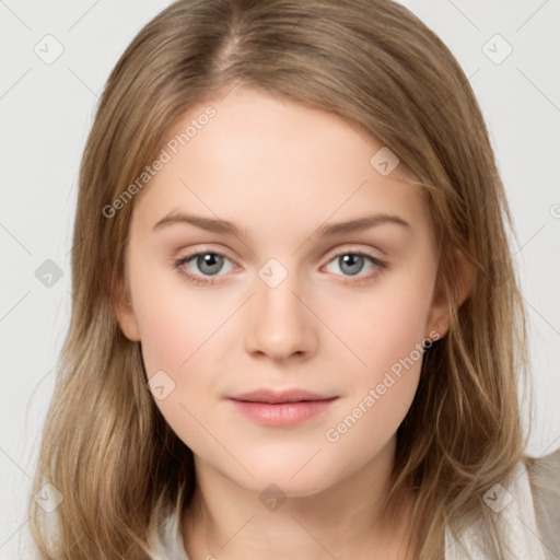 Neutral white young-adult female with medium  brown hair and grey eyes