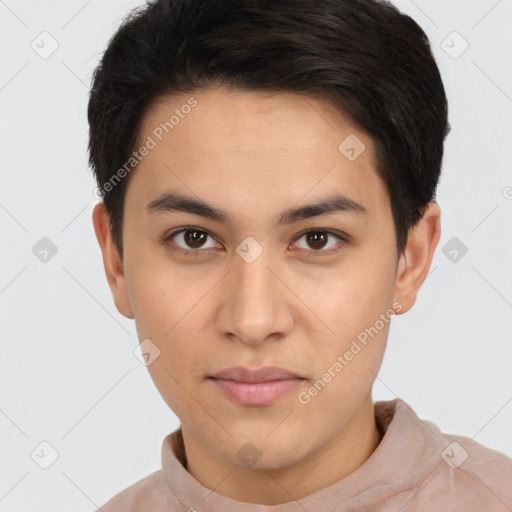 Neutral latino young-adult male with short  brown hair and brown eyes