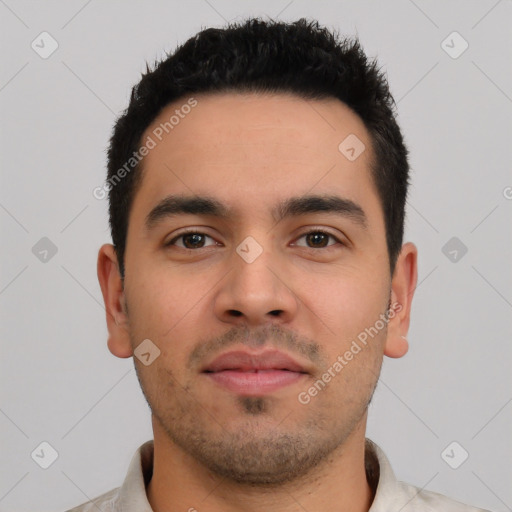 Neutral latino young-adult male with short  black hair and brown eyes