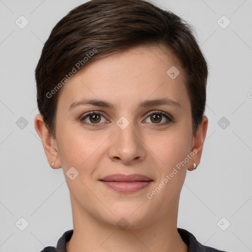 Joyful white young-adult female with short  brown hair and brown eyes