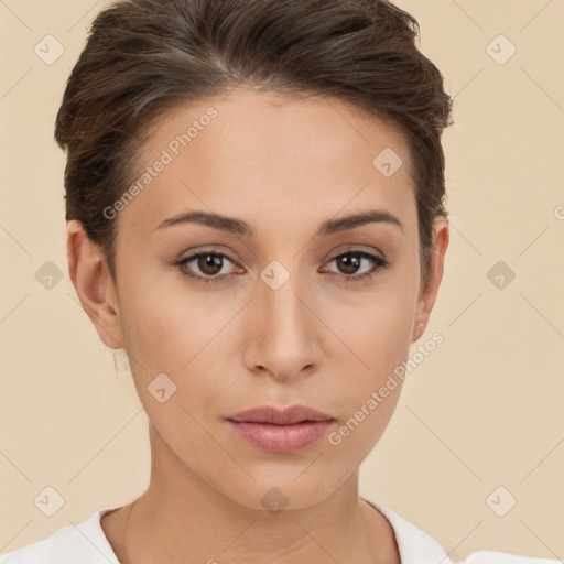 Neutral white young-adult female with short  brown hair and brown eyes