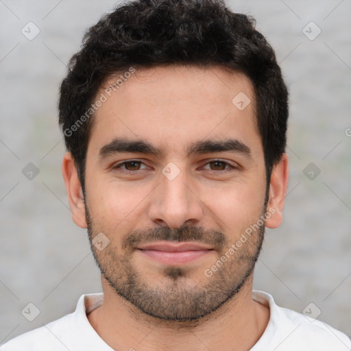 Joyful white young-adult male with short  black hair and brown eyes