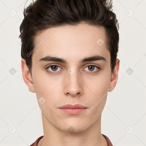 Neutral white young-adult male with short  brown hair and brown eyes