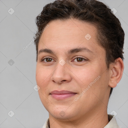 Joyful white adult female with short  brown hair and brown eyes