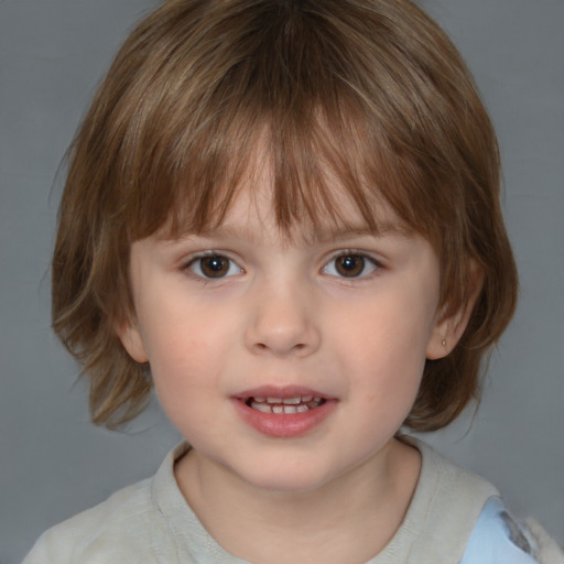 Joyful white child female with medium  brown hair and brown eyes