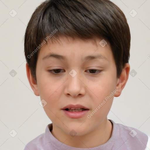 Joyful white child male with short  brown hair and brown eyes