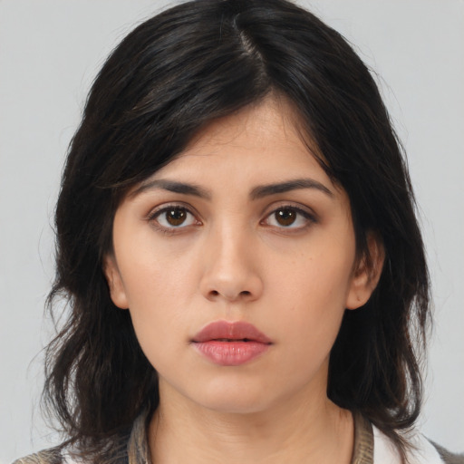 Neutral asian young-adult female with medium  black hair and brown eyes