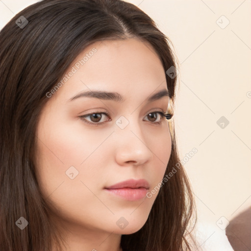 Neutral white young-adult female with long  brown hair and brown eyes