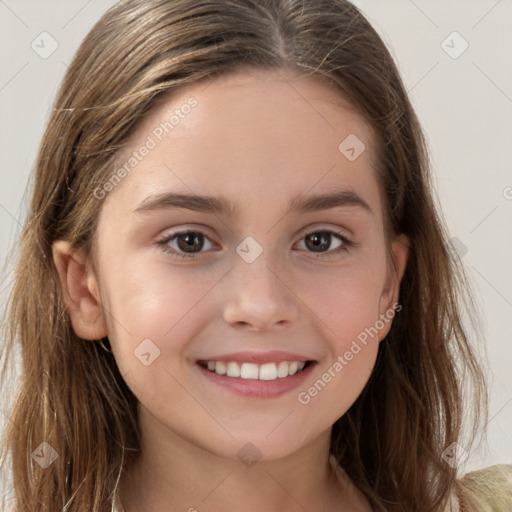 Joyful white child female with long  brown hair and grey eyes