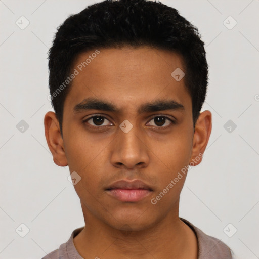 Neutral latino young-adult male with short  black hair and brown eyes