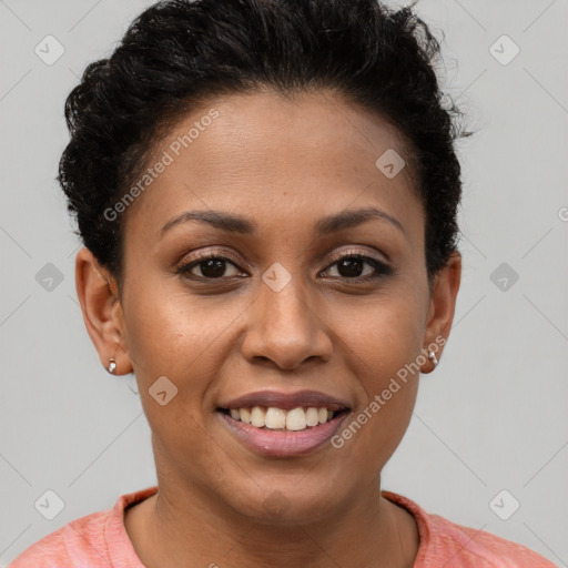 Joyful latino young-adult female with short  brown hair and brown eyes