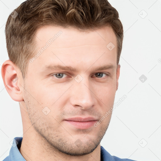 Neutral white young-adult male with short  brown hair and grey eyes