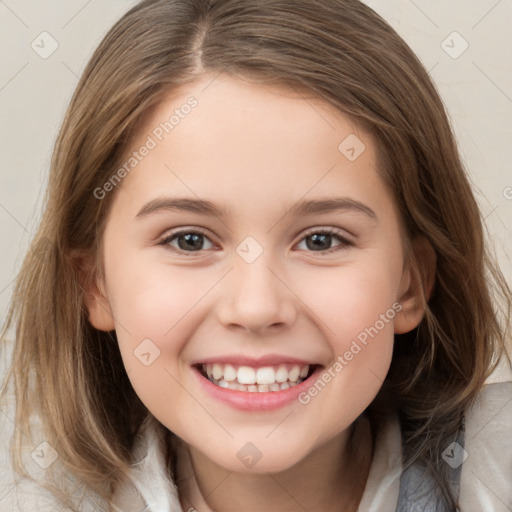 Joyful white child female with medium  brown hair and brown eyes