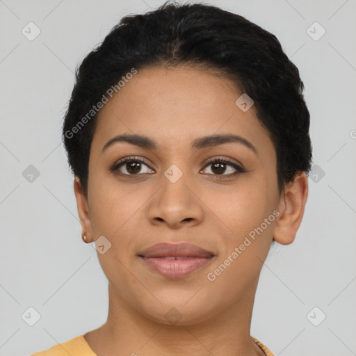 Joyful latino young-adult female with short  brown hair and brown eyes