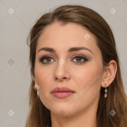 Neutral white young-adult female with long  brown hair and brown eyes