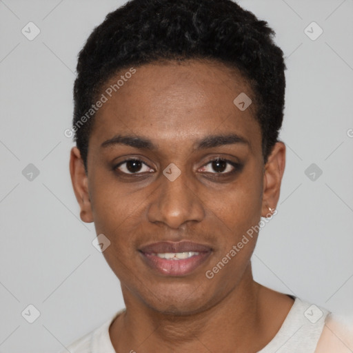 Joyful latino young-adult female with short  black hair and brown eyes