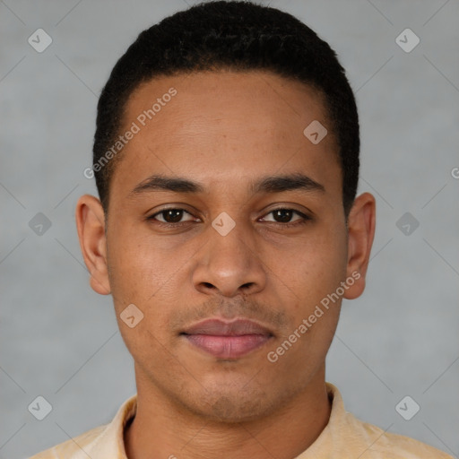 Neutral latino young-adult male with short  brown hair and brown eyes