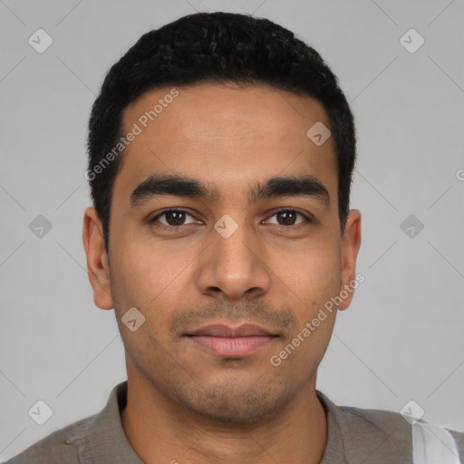 Neutral latino young-adult male with short  black hair and brown eyes