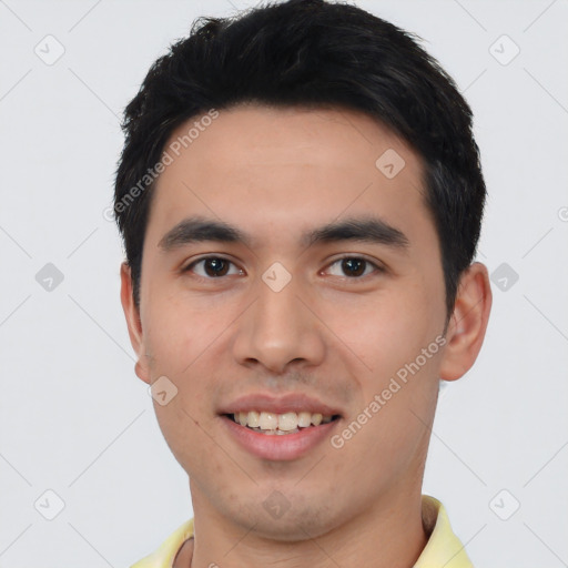 Joyful white young-adult male with short  black hair and brown eyes