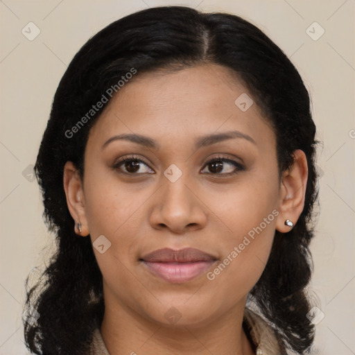 Joyful latino young-adult female with medium  brown hair and brown eyes