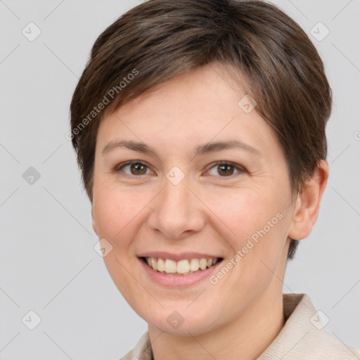 Joyful white young-adult female with short  brown hair and brown eyes