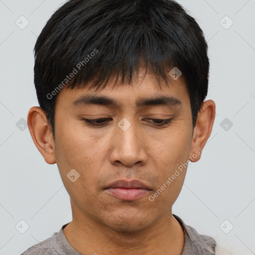 Neutral asian young-adult male with short  black hair and brown eyes