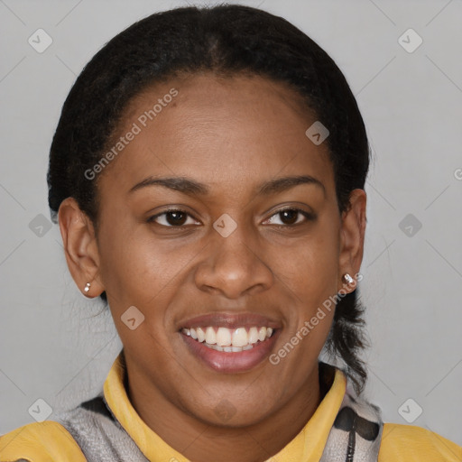 Joyful latino young-adult female with short  brown hair and brown eyes