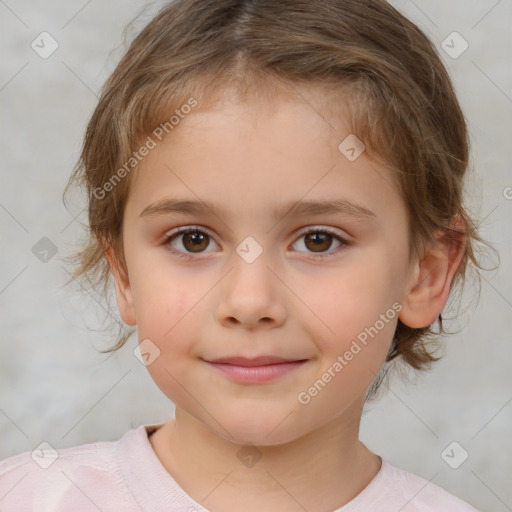 Joyful white child female with medium  brown hair and brown eyes