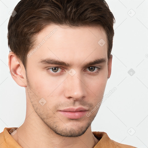 Neutral white young-adult male with short  brown hair and brown eyes