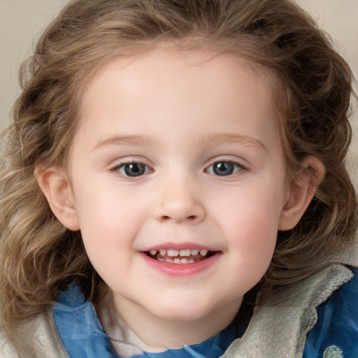 Joyful white child female with medium  brown hair and blue eyes