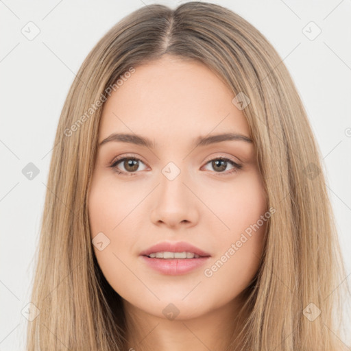 Neutral white young-adult female with long  brown hair and brown eyes