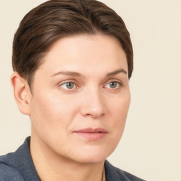 Neutral white young-adult female with short  brown hair and grey eyes