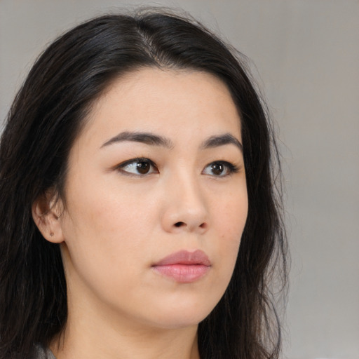 Neutral asian young-adult female with long  black hair and brown eyes