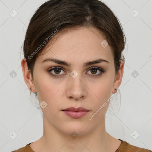 Neutral white young-adult female with short  brown hair and brown eyes