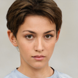 Neutral white young-adult female with short  brown hair and brown eyes