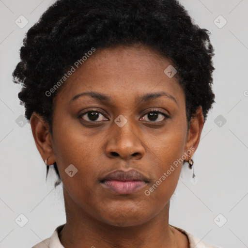 Neutral black young-adult female with short  brown hair and brown eyes