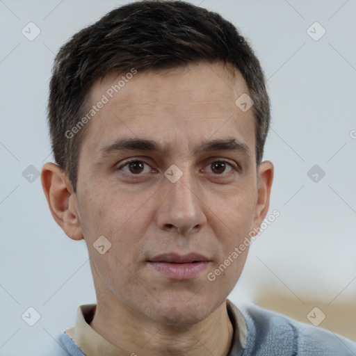 Neutral white adult male with short  brown hair and brown eyes